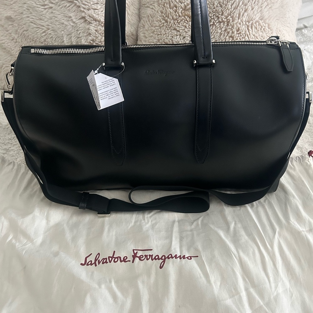 New Salvatore Ferragamo Black Duffel Bag with Leather Finish